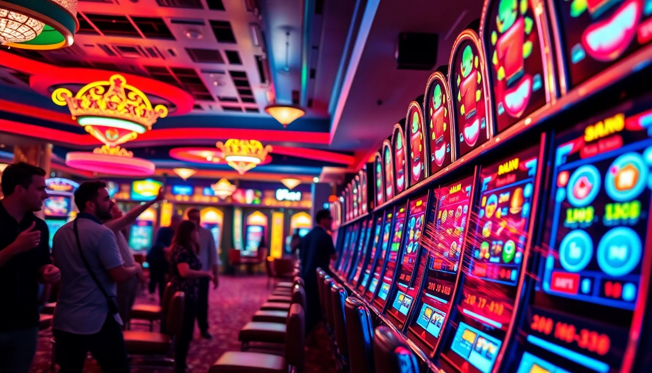 Slot yang menarik dengan pemain bersemangat di kasino, menciptakan suasana yang penuh energi.