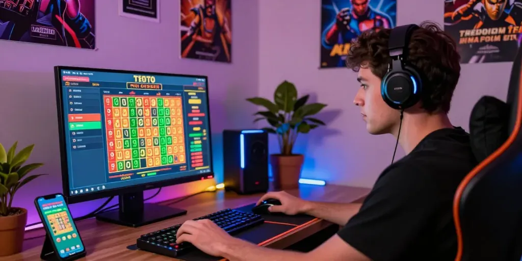 Seributoto - pemain judi online serius di ruang kerja modern dengan aksesori gaming dan grafik taruhan.
