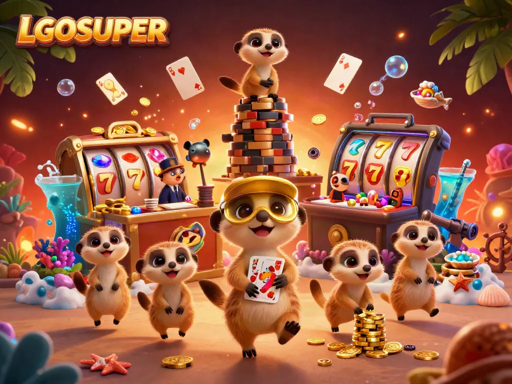 Experience the vibrant LGOSUPER casino scene with meerkats and dynamic gaming elements.