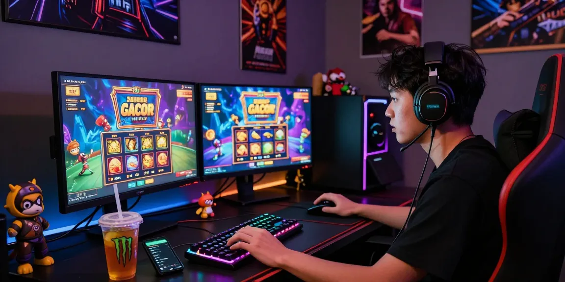 Exciting online gaming scene with player engaged in slot gacor games at dual monitors, colorful graphics, and vibrant atmosphere.
