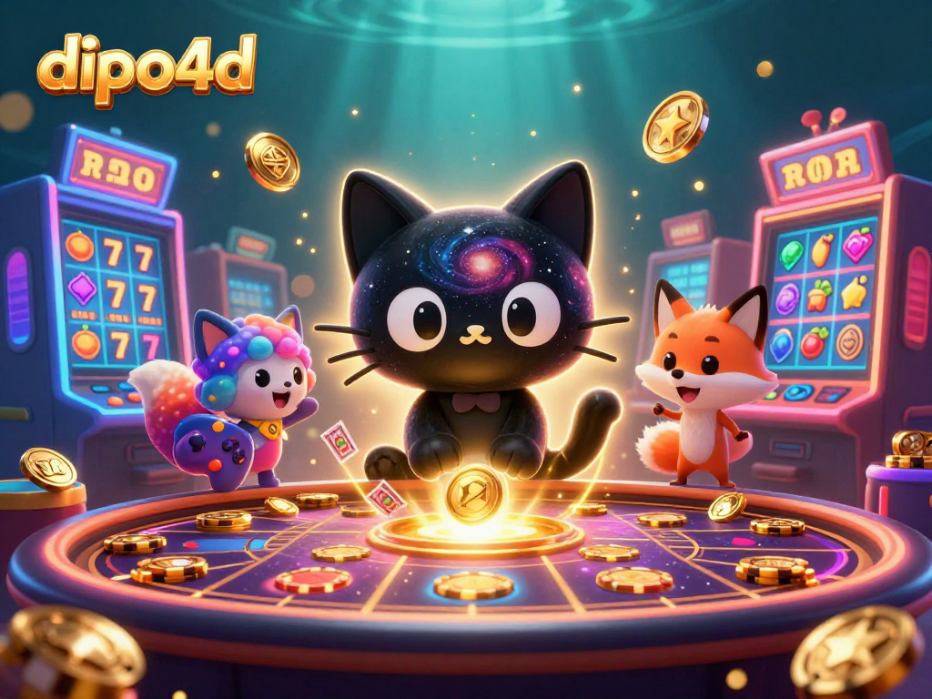 Experience the thrill of dipo4d as a cosmic black hole cat spins golden chips at an exciting slots table.