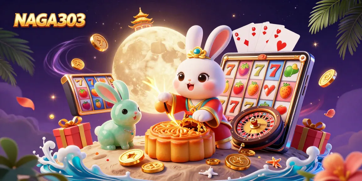 NAGA303 offers exciting slot games with a whimsical 3D moon rabbit surrounded by vibrant casino elements.