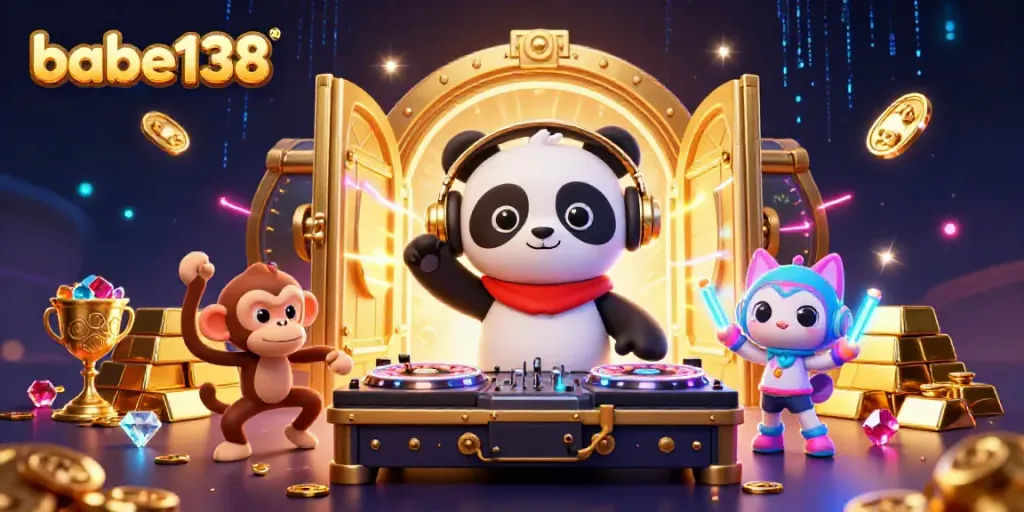 Gambaran dinamis dari babe138 dengan DJ panda dan karakter menarik di latar belakang kasino yang megah.