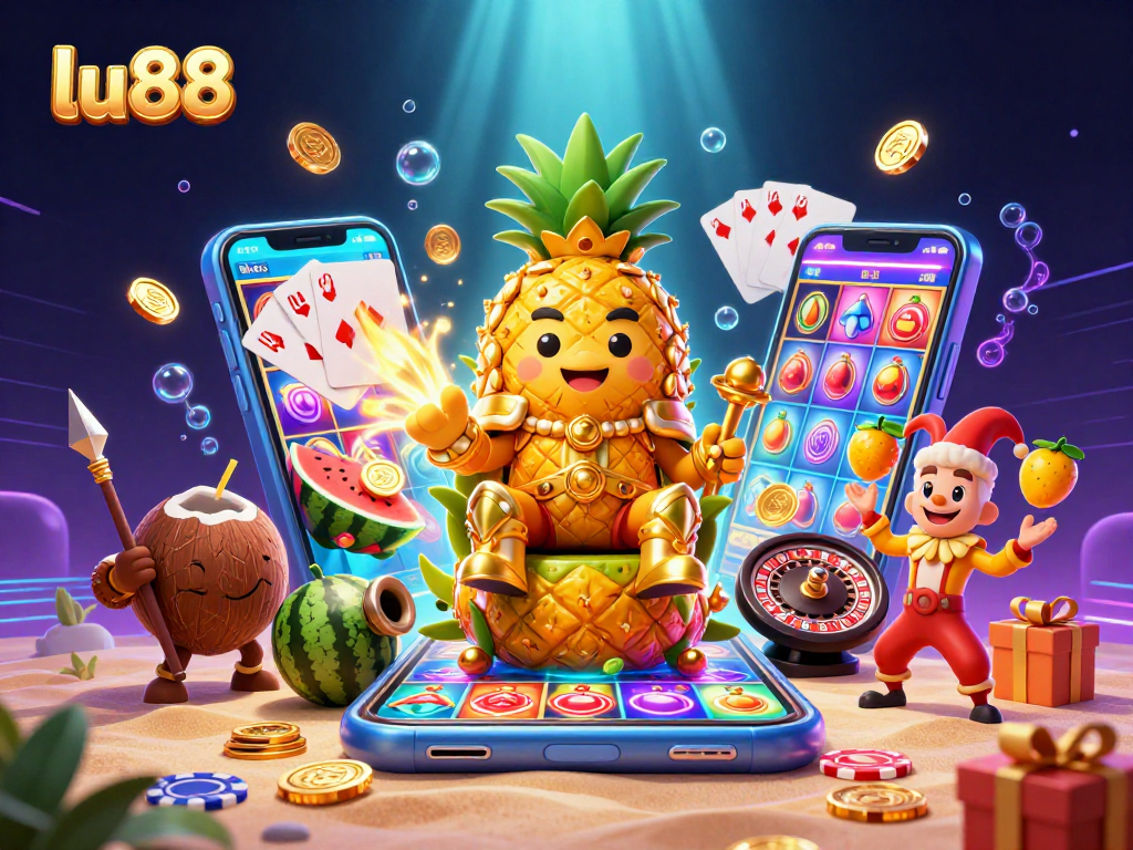 Engage with the thrilling gaming scene of lu88 featuring a vibrant 3D pineapple king, lively casino elements, and rich textures.