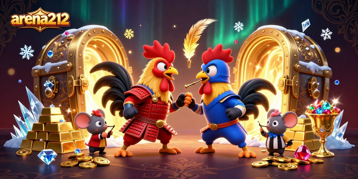 arena212 menampilkan dua ayam jantan bertarung dalam duel dramatis dengan elemen kasino mewah di sekitarnya