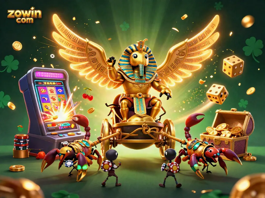 Engage with the vibrant atmosphere of zowin com, featuring an energetic casino scene with a colossal scarab and dynamic game elements.