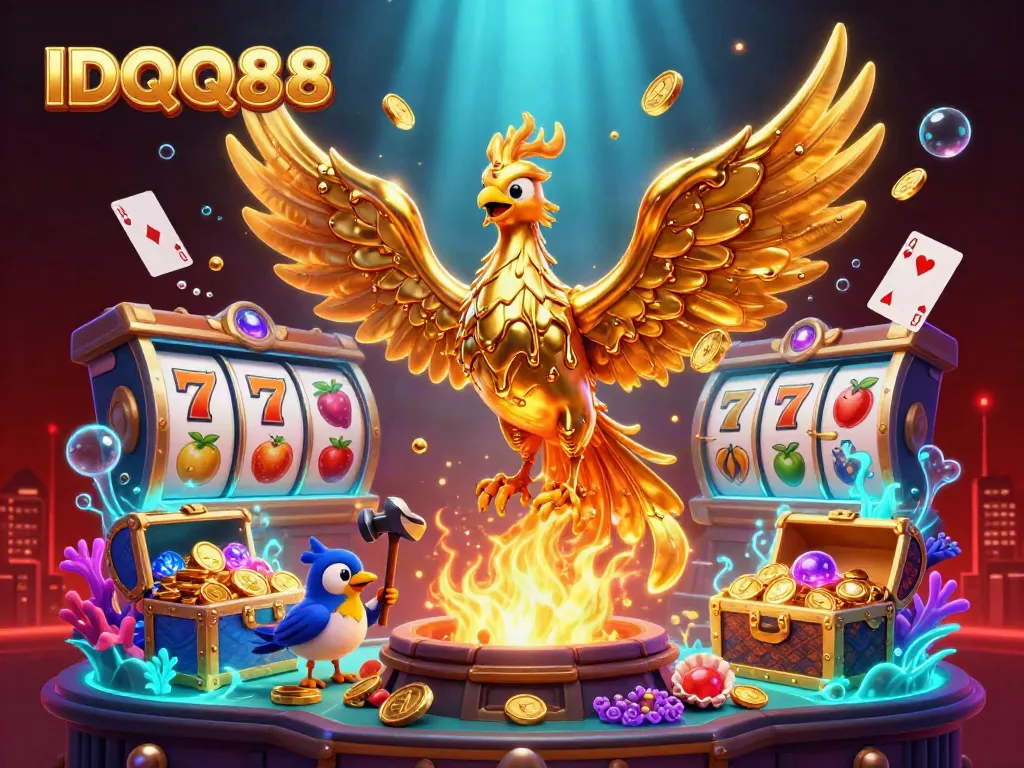 Experience expert casino gameplay with IDQQ88's engaging phoenix and gold elements, shining in a vibrant scene.
