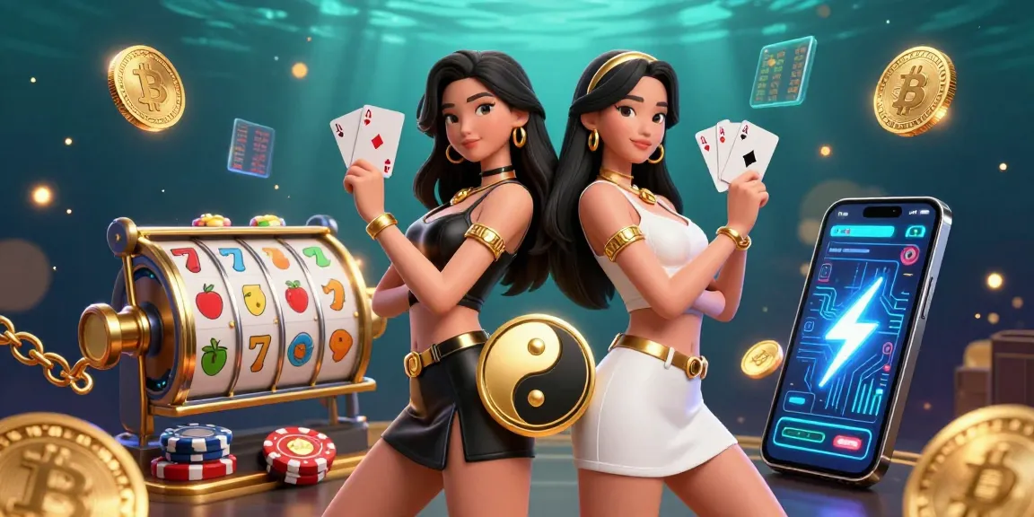 Engage with slot gacor using vibrant twin Asian women in a dynamic casino scene showcasing rich gaming elements.