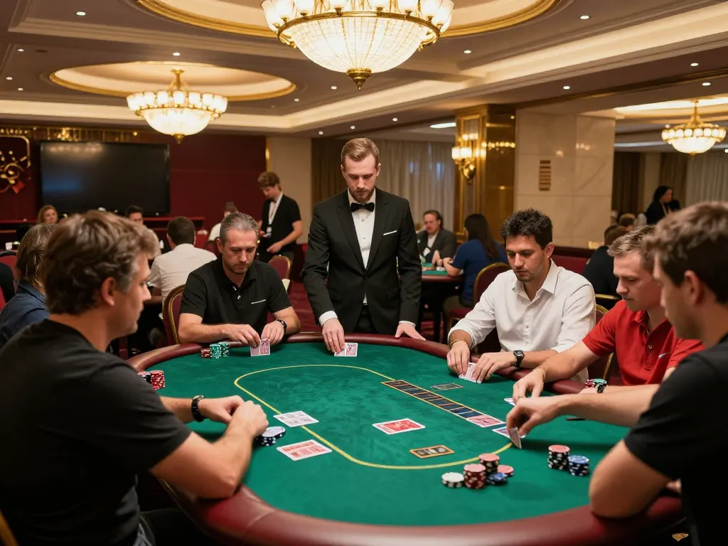 Players immersed in strategic poker gameplay at BERLIAN889 Daftar casino venue showcasing a vibrant atmosphere.