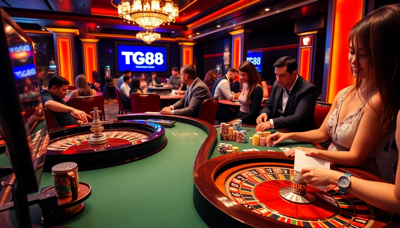 Experience thrilling casino action at https://tg88link.com/ featuring poker chips, roulette wheels, and engaged players.