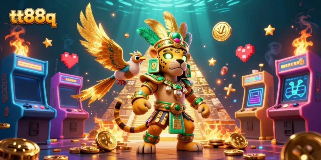 Engage with tt88q in a vibrant 3D casino illustration featuring a Mayan priest, quetzal bird, and dynamic game elements.