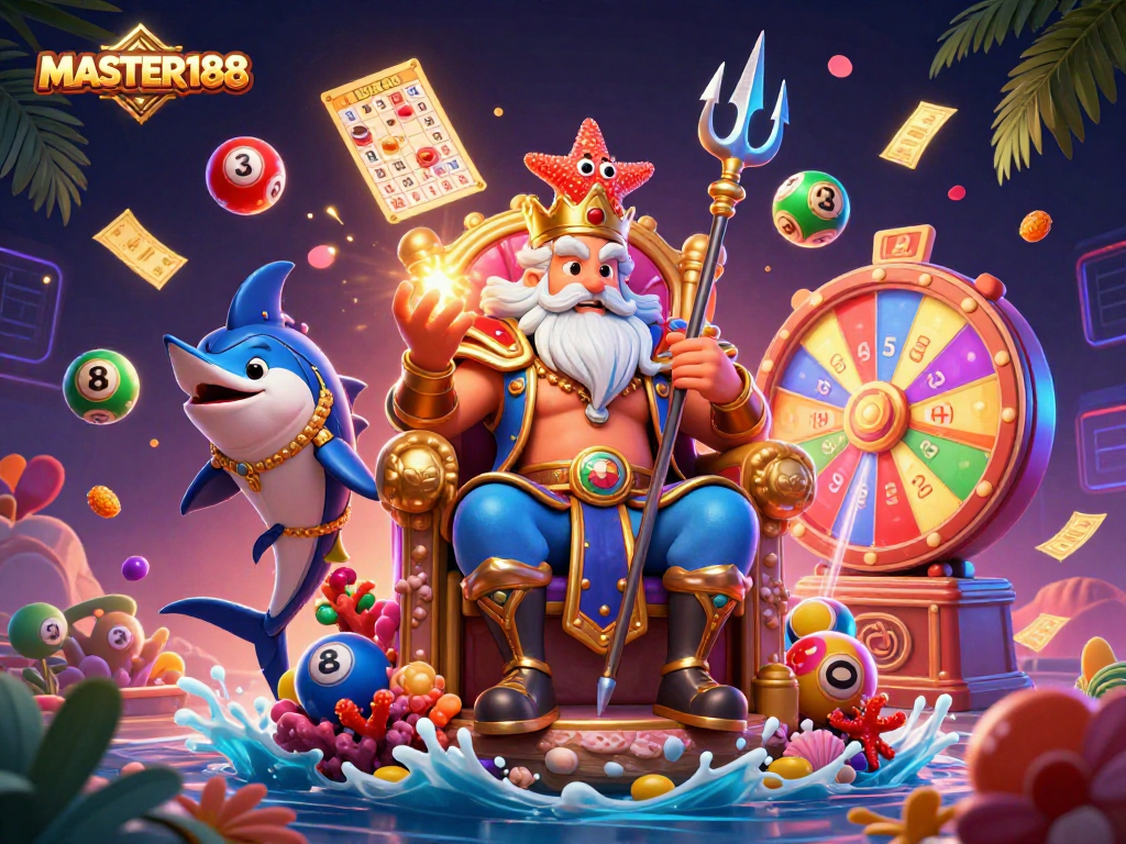 Experience the excitement of lottery games with MASTER188's vibrant 3D illustration, showcasing lively characters and dynamic elements.