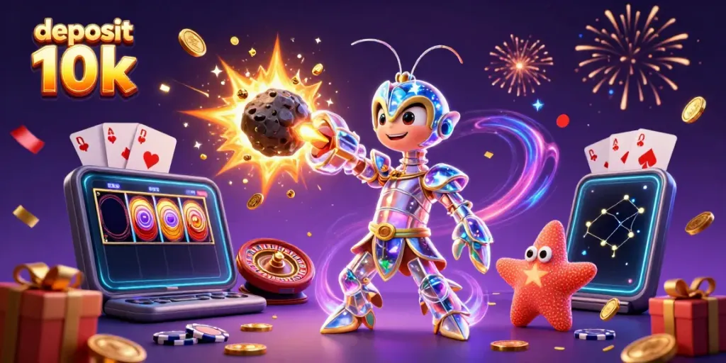 Ilustrasi 3D deposit 10k dengan karakter samurai mantis dan elemen kasino menarik lainnya.
