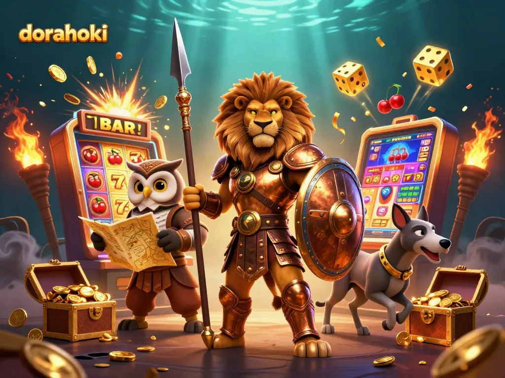 dorahoki menampilkan jackpot slot yang meledak dengan koin, disertai karakter unik dalam suasana kasino yang seru.