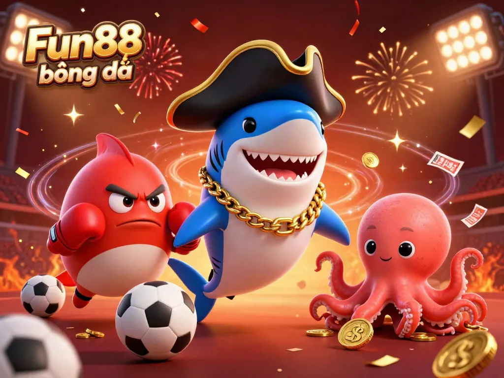 Engage in the excitement of Fun88 bóng đá with dynamic characters surrounded by vibrant sports elements.