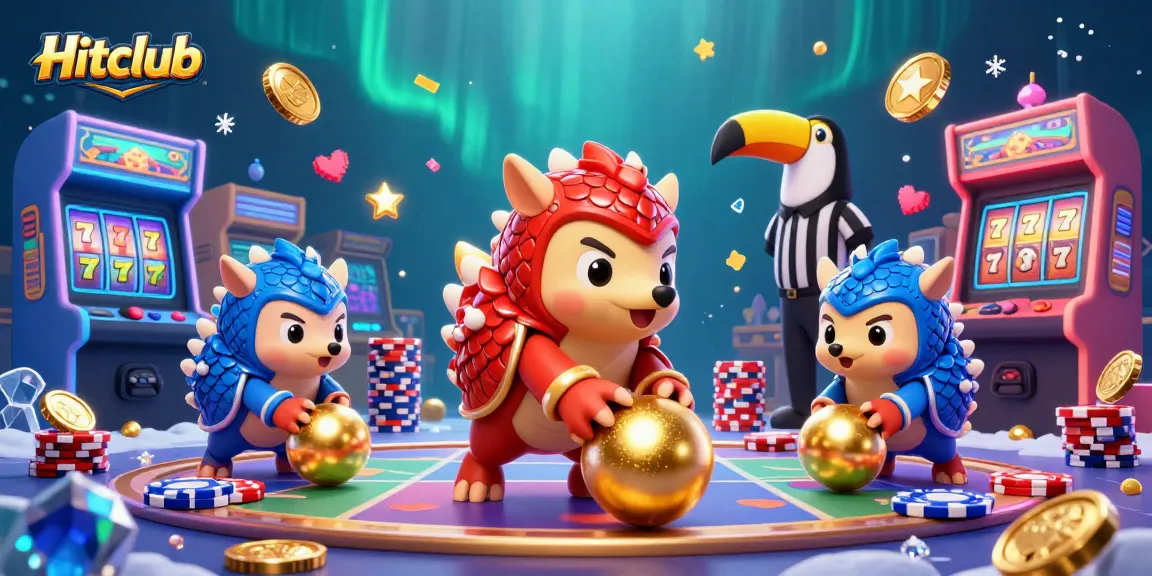 Engage in gaming excitement with Hitclub’s dynamic illustration showcasing rival pangolins and stacked coins.