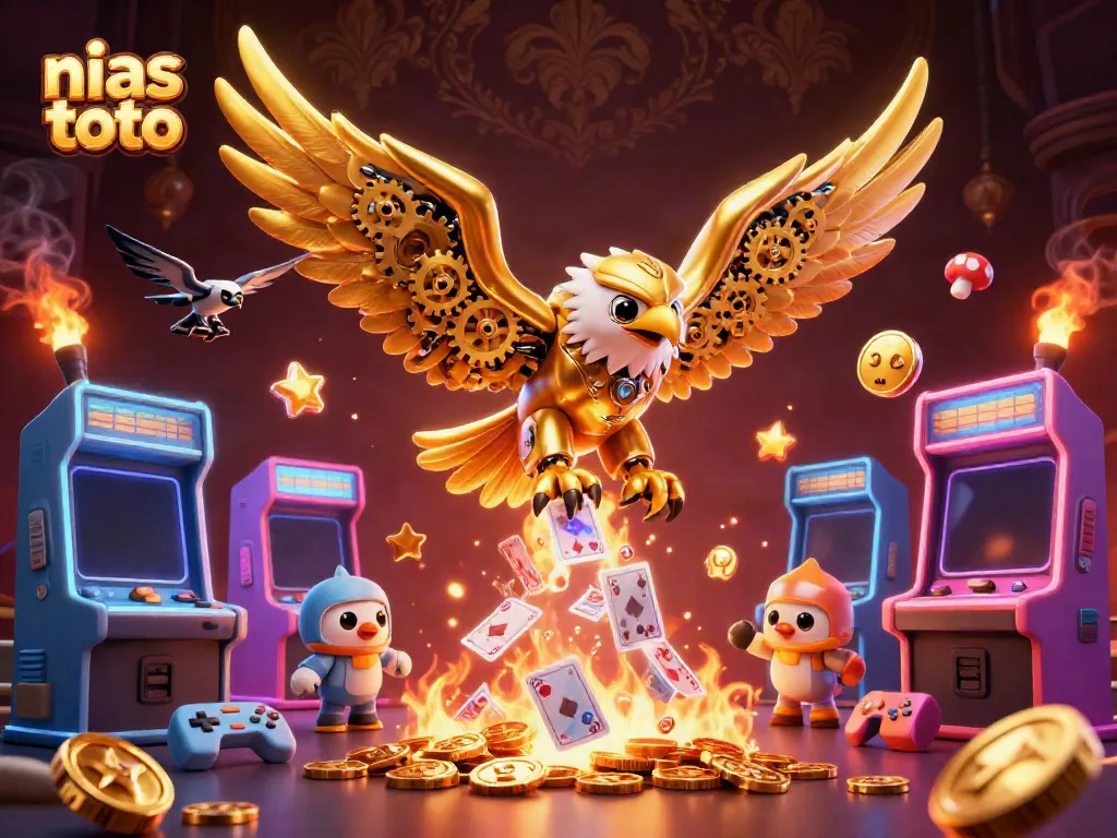 Gambarkan nias toto di kasino dengan burung elang emas dan kartu holografik.