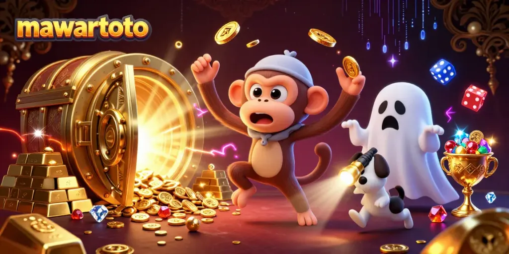 Mawartoto showcases a playful ghost-hunter puppy tracking a mischievous poltergeist monkey juggling golden casino elements.