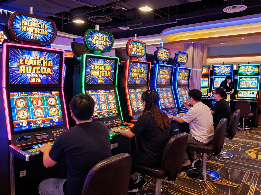 Pengalaman bermain slot88 di kasino online yang meriah dengan mesin slot berwarna-warni dan pemain penuh semangat.