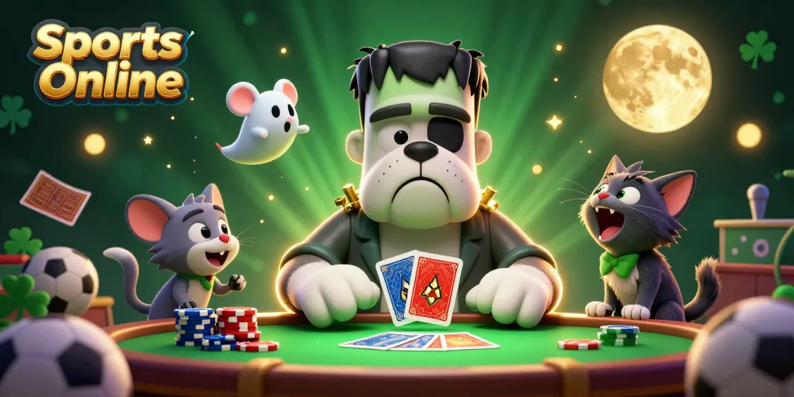 Engage with Sports Online, featuring a cartoon bulldog dealer amidst cards and sports balls in a lively casino setting.