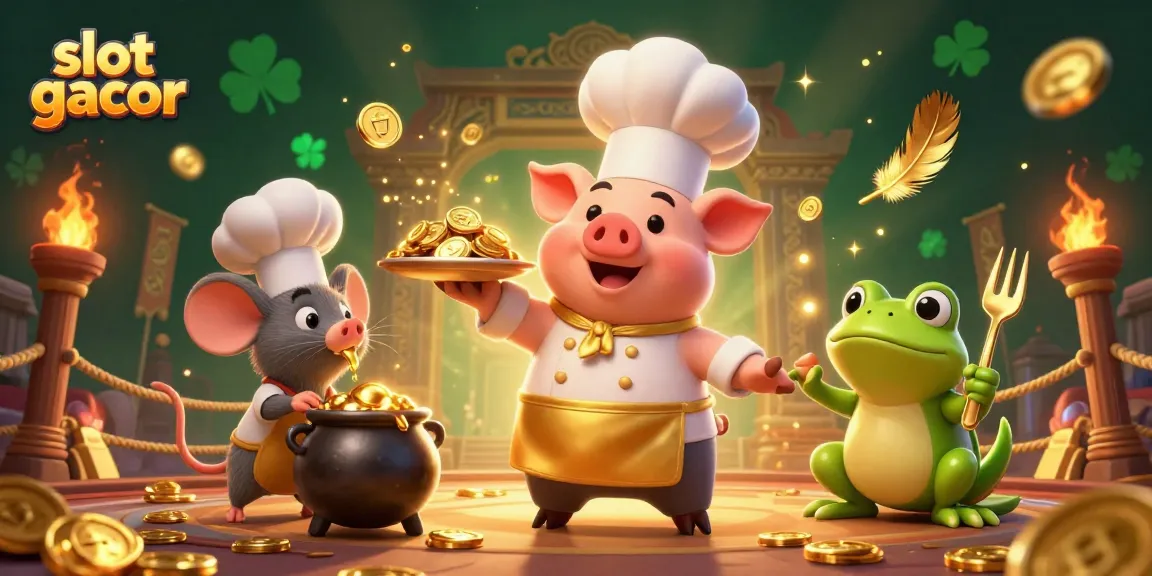 Permainan slot gacor dengan karakter koki dan kritikus makanan dikelilingi koin emas dan efek atmosferik.