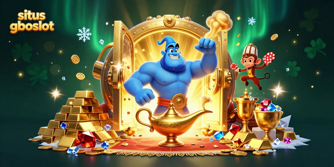 Memenangkan jackpot di situs gboslot dengan ilustrasi genie 3D dan kekayaan kartu poker.