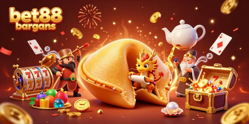 bet88 bargains showcases a vibrant casino scene with a golden fortune cookie and dynamic slot elements.
