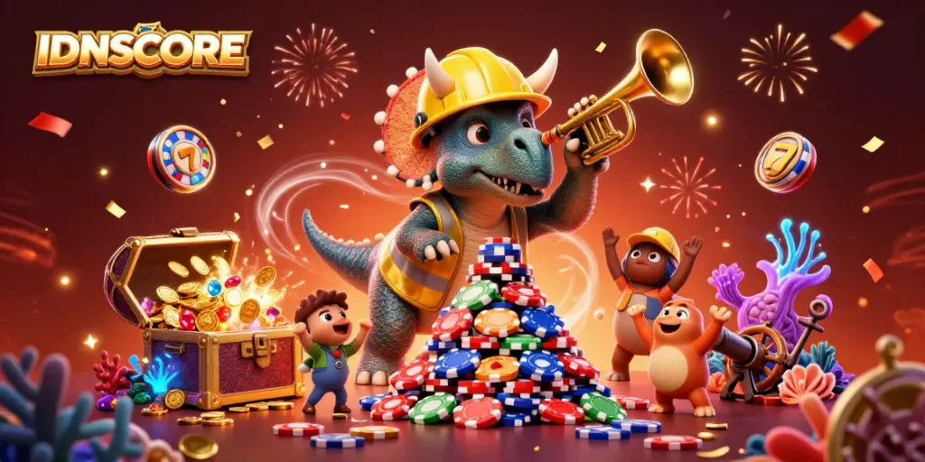 IDNSCORE casino celebration with a triceratops and slot elements, rich in detail and color.