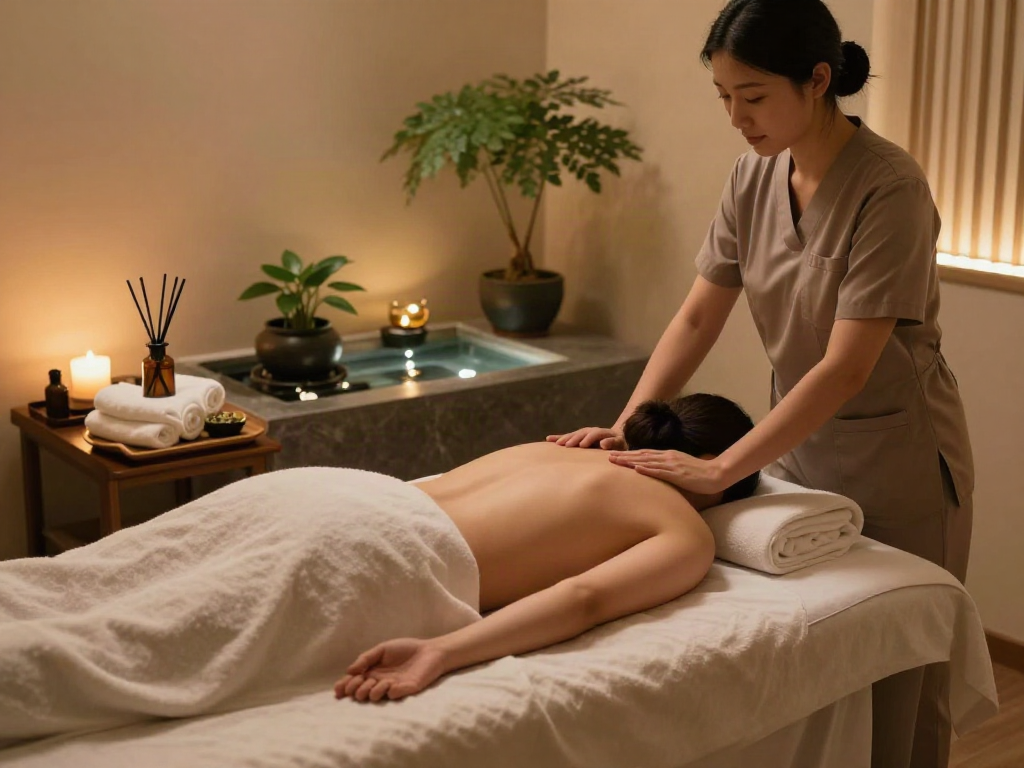 Client receiving 일산출장마사지 in a calming spa environment with aromatic oils and soft lighting.