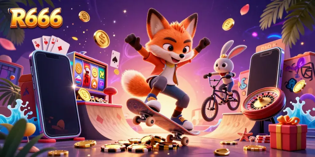 Experience the excitement of R666 with gaming characters and vibrant casino elements captured in a dynamic scene.