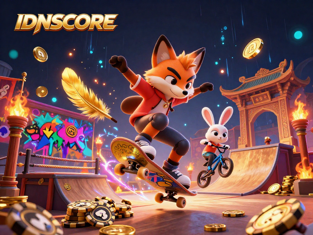 IDNSCORE promotes exciting online gambling experiences with vibrant fox and rabbit characters in a dynamic casino scene.