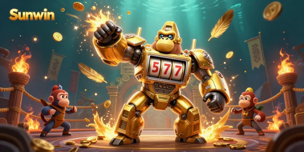 Sunwin engages players with a captivating 3D illustration of a golden gorilla mech surrounded by vibrant casino elements.