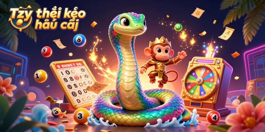 Engage with exciting Tỷ lệ kèo nhà cái dynamics featuring a colorful cascade of lottery balls and bright casino characters.