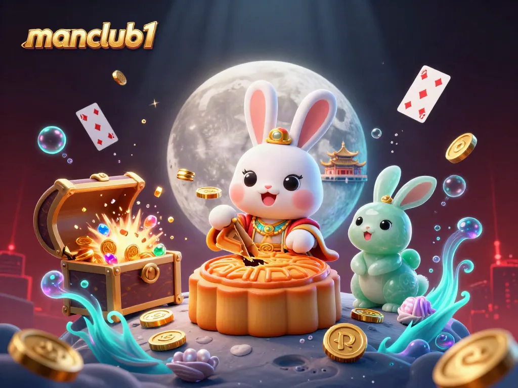 A dynamic scene of manclub1 featuring a moon rabbit cracking open mooncakes to reveal poker chips, surrounded by vibrant casino elements.