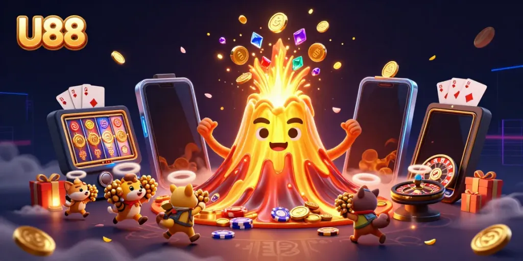 Experience the excitement with U88, featuring a golden volcano erupting treasures in a vibrant casino scene.