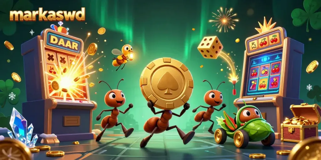 Engaging scene of markaswd illustrating a casino heist with ants, showcasing vibrant gaming elements.