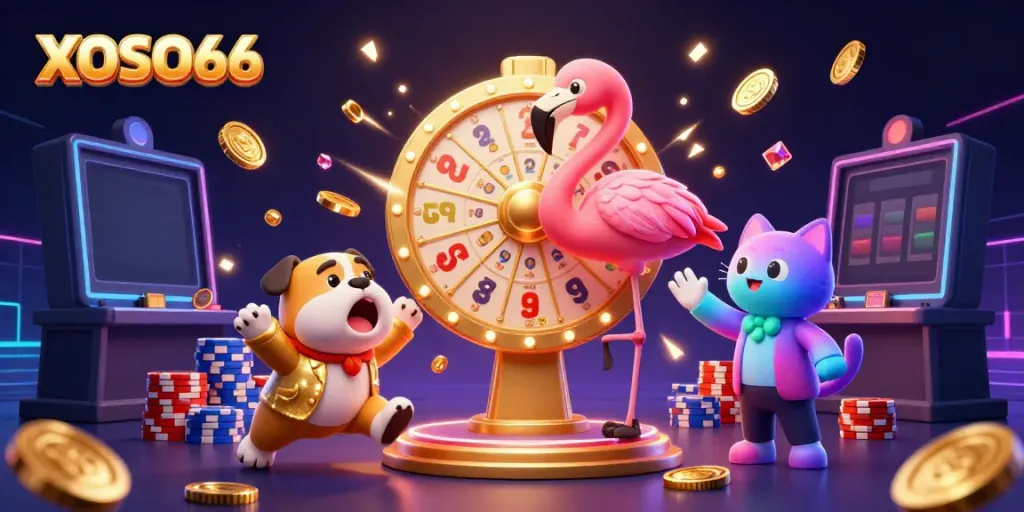 XOSO66 immersive gaming scene featuring a flamingo game show host, excited bulldog contestant, and a scoreboard cat with prizes in a vibrant casino atmosphere.