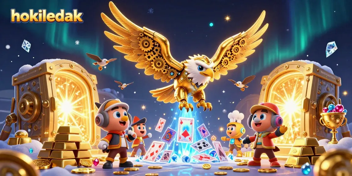 Watch hokiledak's golden eagle dive through holographic cards, amidst sparkling casino treasures.