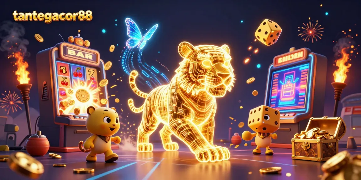 Tantegacor88 menggambarkan kasino digital dengan harimau emas bersinar dan mesin slot berkilau.