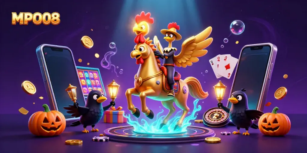 Experience MPO08 as a golden rooster rides a spectral horse in a vibrant nighttime casino scene.