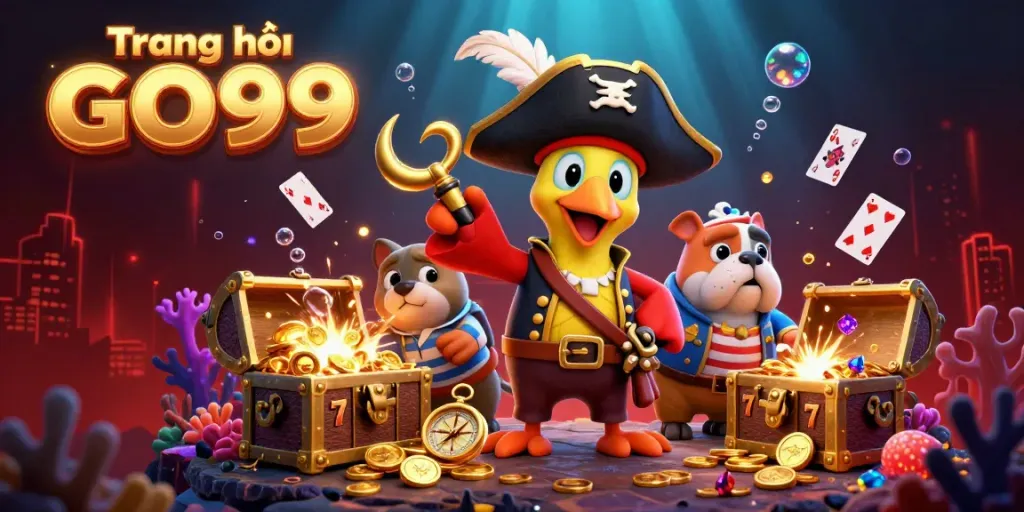 Engage with the colorful world of Trang chủ GO99 showcasing pirates and casino treasures in a vibrant underwater scene.