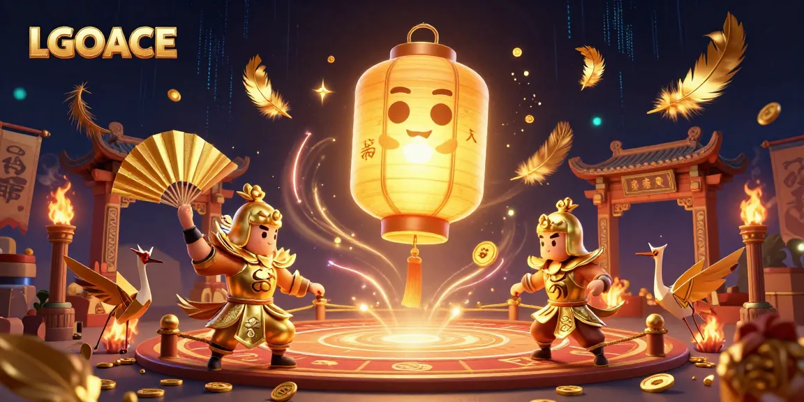 LGOACE showcases a vibrant casino scene with a golden lantern spirit and warriors, engaging in dynamic gambling.
