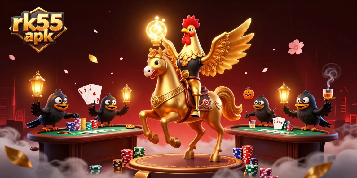 Experience the thrilling rk55 apk with a vibrant casino scene featuring a golden rooster and poker action.