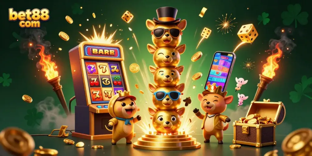 Experience top gaming thrills with bet88 com in this vibrant casino illustration featuring exciting slot moments.