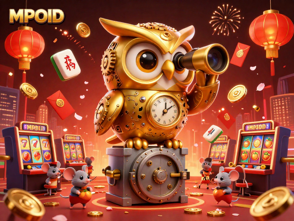 MPOID showcases a vibrant casino scene with a golden owl, slot machines, and festive decorations.