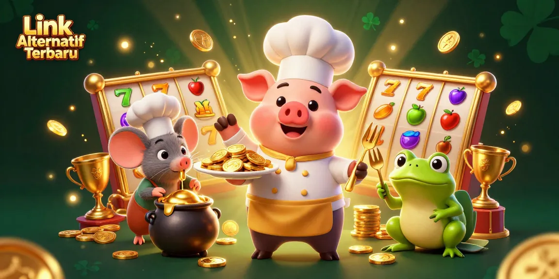 Engage in the vibrant world of slots with Link Alternatif Terbaru, featuring charming casino characters and dynamic gold elements.