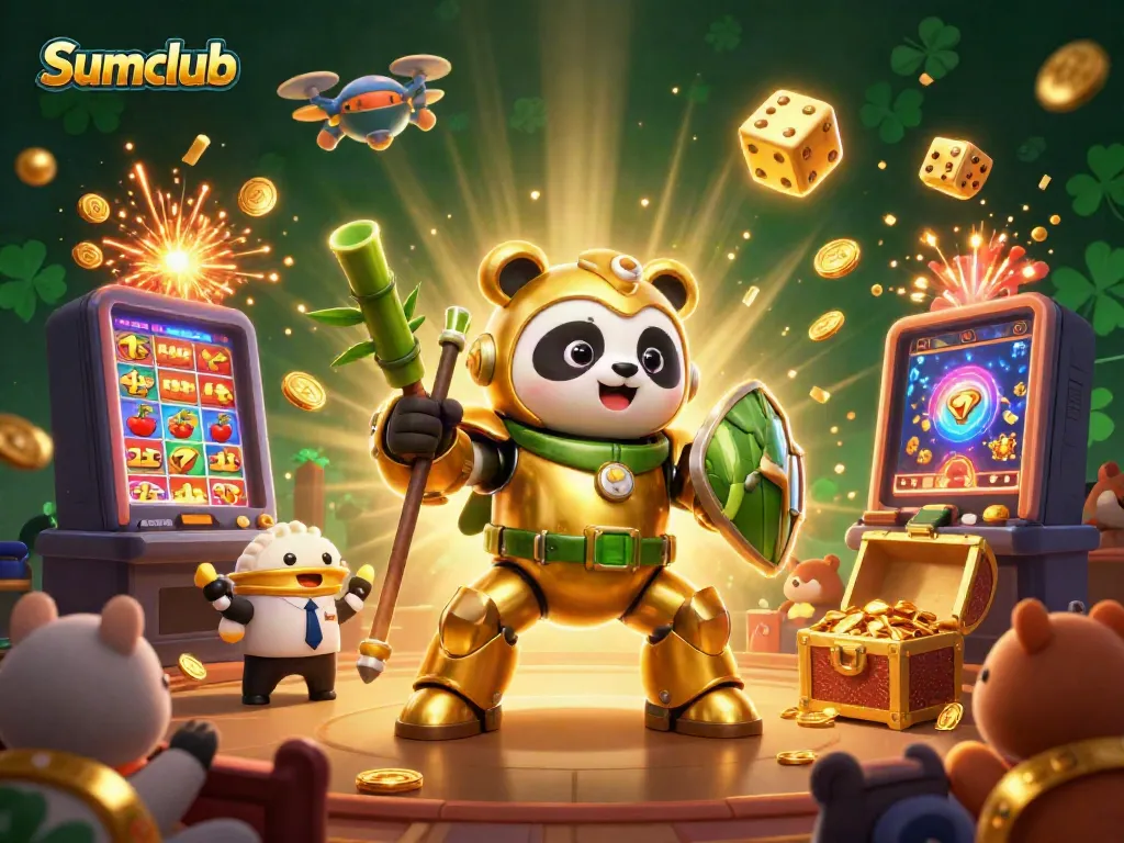 Engage in dazzling jackpot victories and thrills at Sumclub, illustrated with dynamic characters and casino elements.