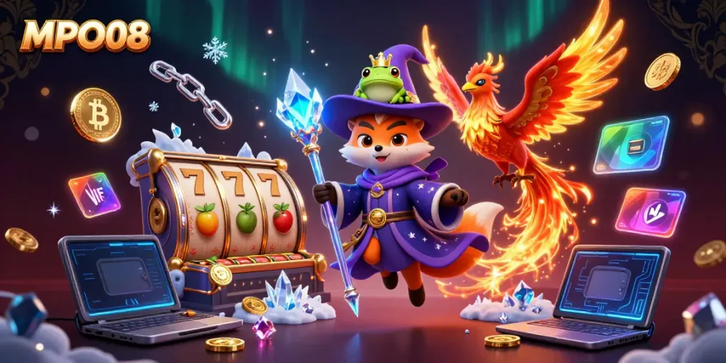 Engage in MPO08 with a magical gaming scene featuring a wizard fox and phoenix amidst slot reels and digital coins.