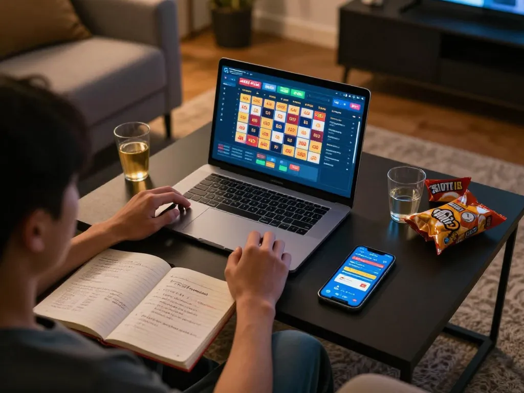 Engaged player enjoying toto slot 4d gaming on laptop, surrounded by strategic notes and casual snacks