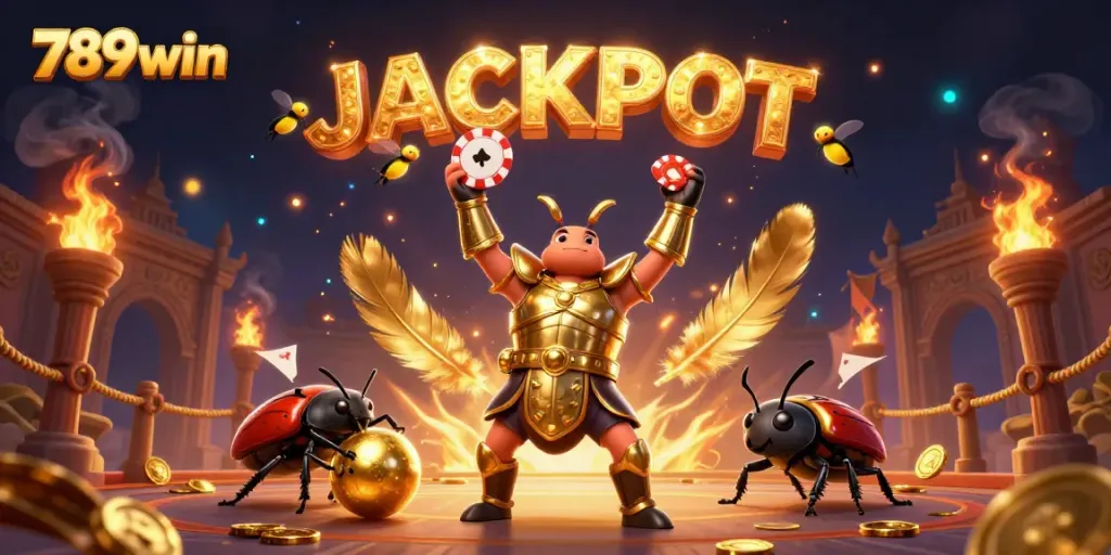Experience the thrill of 789win with a winning beetle champion, poker chips, and a jackpot celebration.